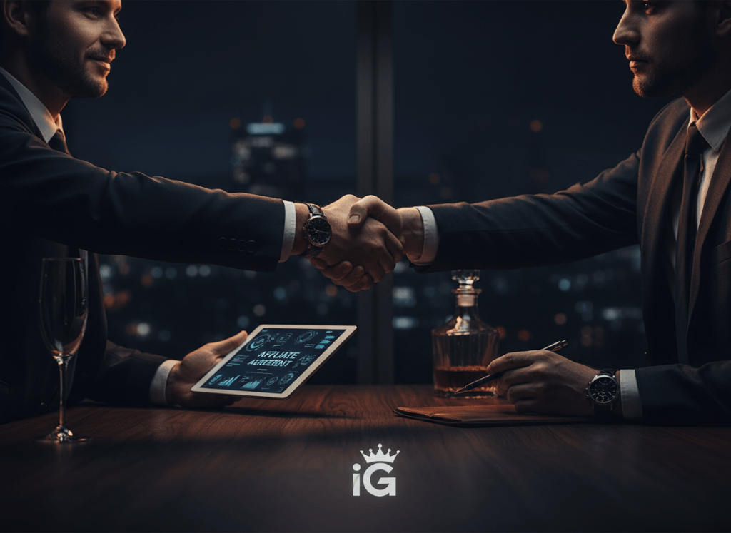 Dark cinematic photograph of a professional business handshake closing a deal