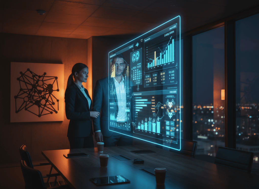 Dark cinematic photograph of professionals reviewing performance analytics on glowing screens